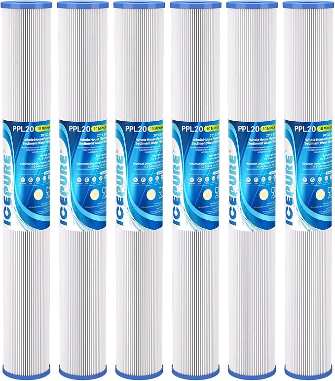 ICEPURE 10 Micron 2.5" x 20" Whole House Pleated Sediment Water Filter Cartridge for Well Water, Replacement for ECP20-20, SPC-25-2020, ECP1-20, ECP5-20, SPC-25-2005, SPC-25-2001, 6PACK