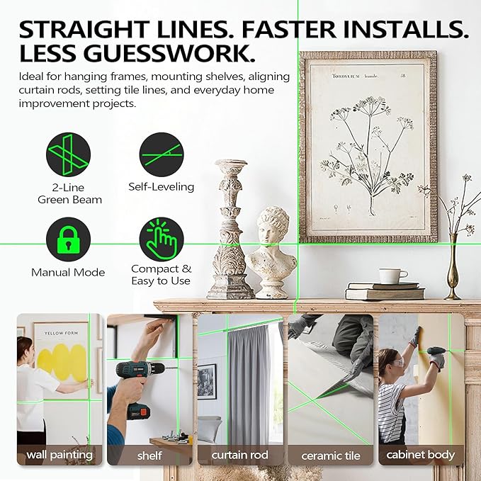 Lasers Level, 2-Line Green Self-Leveling Cross Line Laser, USB-C | Auto self-levels in 2 seconds with ±3mm accuracy at 10m. Manual mode supports angled layouts and custom projects