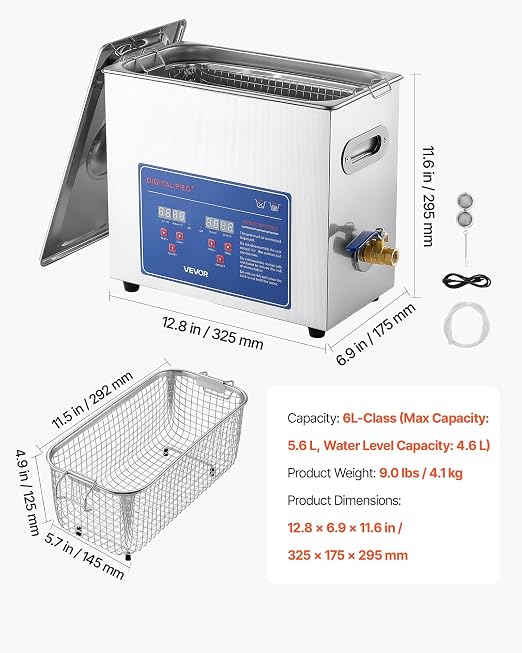 VEVOR Ultrasonic Cleaner 6L-Class Capacity Ultrasonic Parts Cleaner 40kHz, Digital Time and Temp Control, Stainless Steel Ultra Sonic Cleaning Machine with Cleaning Baskets, for Jewelry, Small Items