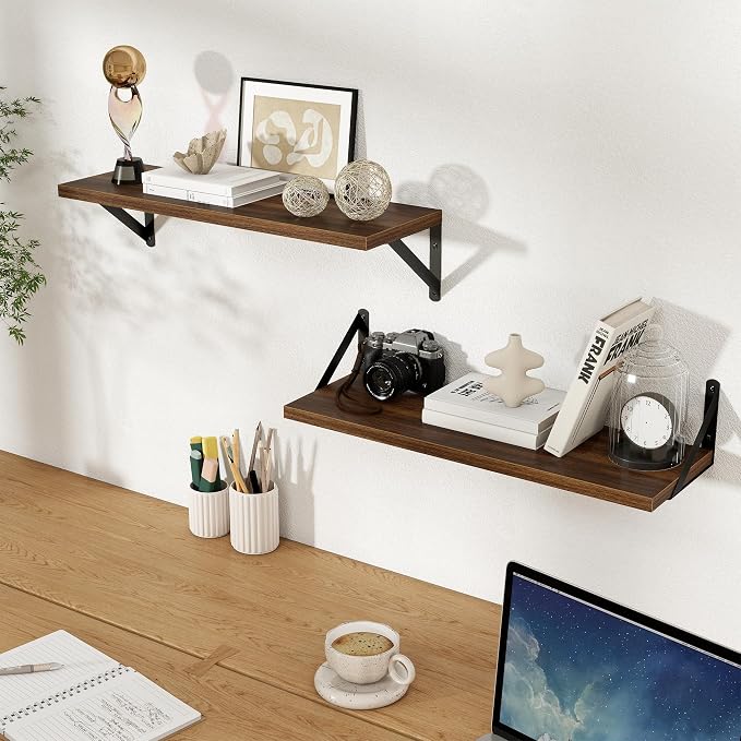 Floating Shelves 8 Inch Deep, 24W x 8D Wall Shelf Set of 2, 50 lbs Heavy Duty Reversible Metal Brackets, Industrial Book Shelf for Living Room Kitchen Bath Bedroom Gallery Wall, Rustic Brown