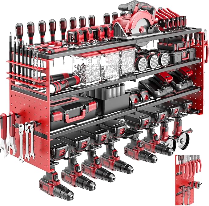 Power Tool Organizer Wall Mount, Cordless Drill Hanger Storage Rack 8 Drill Holder, 4 Layer Heavy Metal Large Capacity Tool Rack for Garage Organization (Red, 8 Drills Holder)