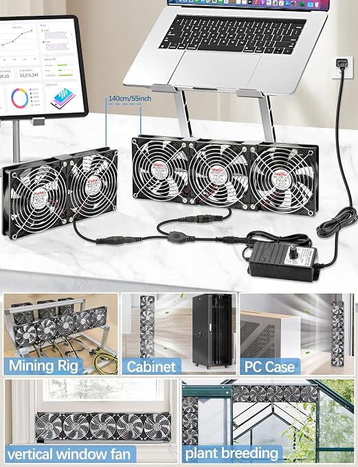 Wathai 120mm x 5 Small Box Computer Fan with AC Plug Dual Ball with Variable Speed Controller for External GPU, Server Rack Cabinet, Chicken Coop, Window Exhaust Cooling Ventilation