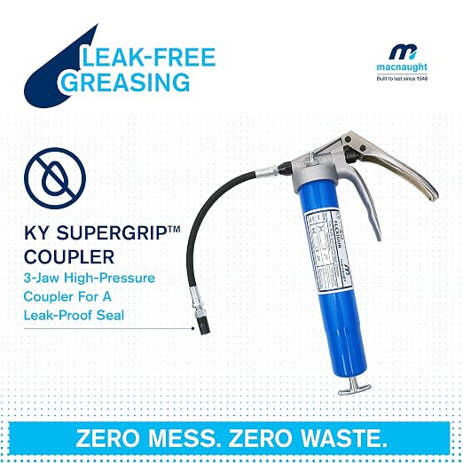 Macnaught Heavy Duty Pistol Grip Grease Gun with 10 Yr Warranty, Bulk fillable or 14oz. Cartridge. 1/8 NPT Flex Connection x 12″ Long, KY Supergrip Three-jaw high-Pressure Coupler. No Leak Connection