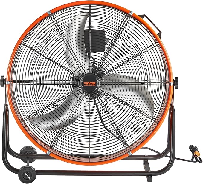 VEVOR 24" Industrial Drum Fan, 8700 CFM High Velocity Floor Fan with 3-Speed Control, 360° Tilt & 0-2h Timer for Warehouse, Workshop, Factory, Basement