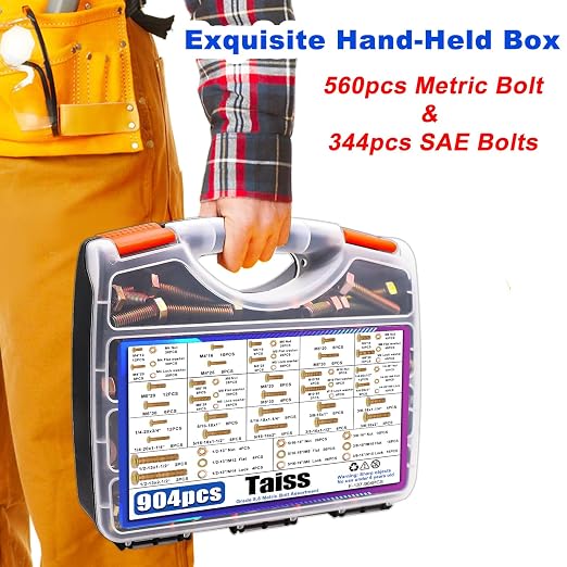 Taiss 904pcs Grade 8.8 Metric Bolt Assortment & SAE Nuts and Bolts Assortment Kit,M4 M5 M6 M8 M10 1/4-20,5/16-18,3/8-16 1/2-13(12-60mm) Heavy Duty Hex Bolt Washer Yellow Zinc Plated,with Handheld Box