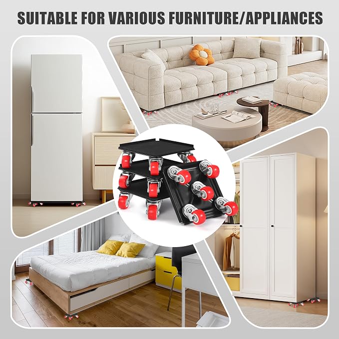 Furniture Movers with Wheels, Upgraded Guardrails for No Slips, Heavy Duty Furniture Dolly, Furniture Sliders with Wheels, Furniture Lifter Tool Included (Red, 4.3" × 4.3")