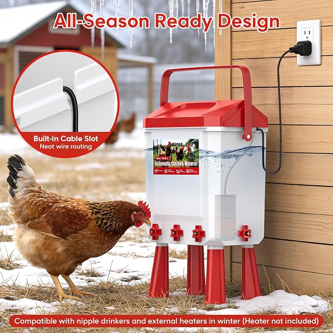 3 Gallons Automatic Chicken Waterer with 8 Chicken Water Cups, 8 Nipples, 6 Plugs, Float-Controlled Chicken Water Feeder with 60 Inch 3/4'' Water Hose, Poultry Waterer Perfect for Chicks, Duck, Goose