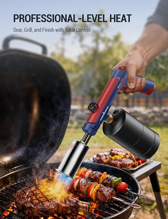 ThermoMaven Propane Torch with One-Touch Max Fire, Blow Torch Gun with Safety Lock, Charcoal Lighter Flame Thrower, Kitchen Food Torch Head for Grill, Sous Vide, BBQ, The Patriot(Tank Not Included)