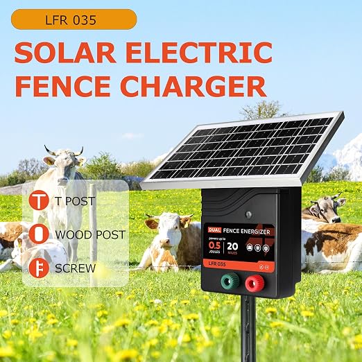 20 Miles Solar Electric Fence Charger, 0.5 Joule Portable Solar Fence Charger, Solar Electric Fence Kit, with 10W Solar Panel