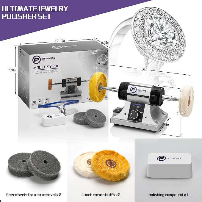 Jewelry Polisher - Adjustable Variable Speed Bench Grinder Polishing & Buffing Machine, Dental Buffer & Lathe - Includes 2 Cloth Wheels, 2 Abrasive Fiber Wheels, Safefy Glass, Polish Compound