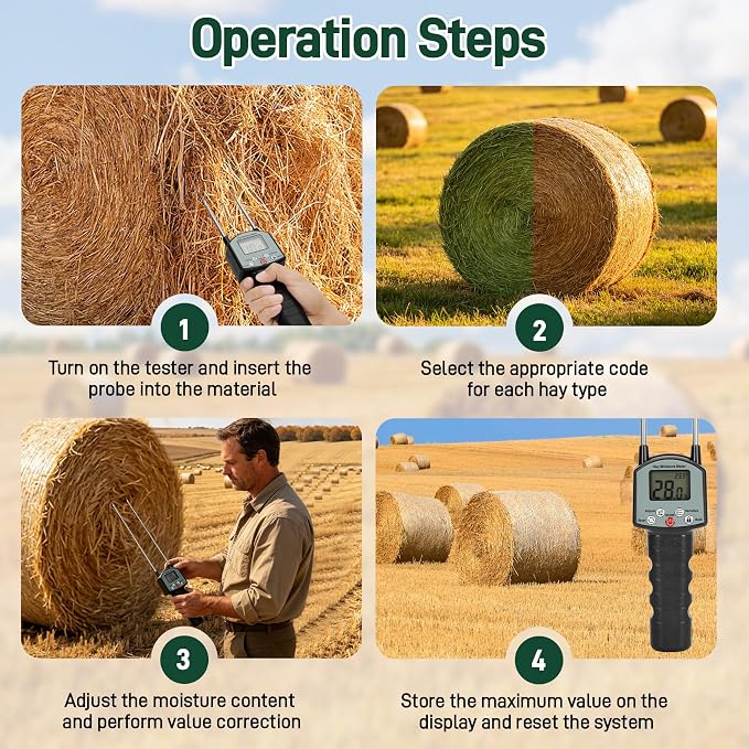 TK100H Hay Moisture Tester, Portable Accurate Hay Moisture Meter, Hay Moisture Tester Probe with Backlit Large Screen, Hay Tester Probe for Froage, Alfalfa Orchard Grass, Bales