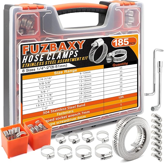185pcs 304 SS Worm Gear Hose Clamp Kit for Auto & Plumbing | Leak-Proof 1/4"-2" Adjustable 304 Stainless Clamps with 10FT Custom Strap. Rust-Resistant for Heavy-Duty Pipe Repairs