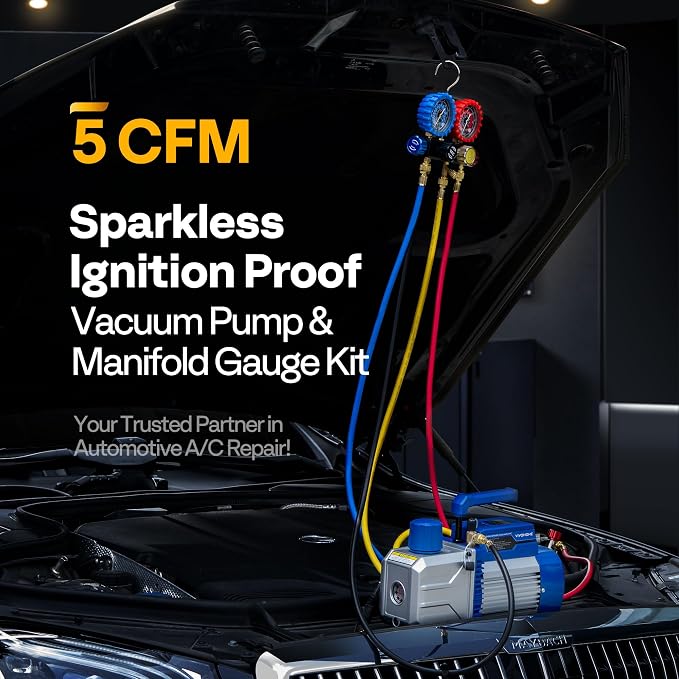 VIVOHOME 110V 1/2 HP 5CFM Dual Stage HVAC Vacuum Pump and 4 Way AC Manifold Gauge Kit, Sparkless Motor for R32 R1234yf R454B R134a R22 R410a Systems, Automotive Air Conditioner Maintenance