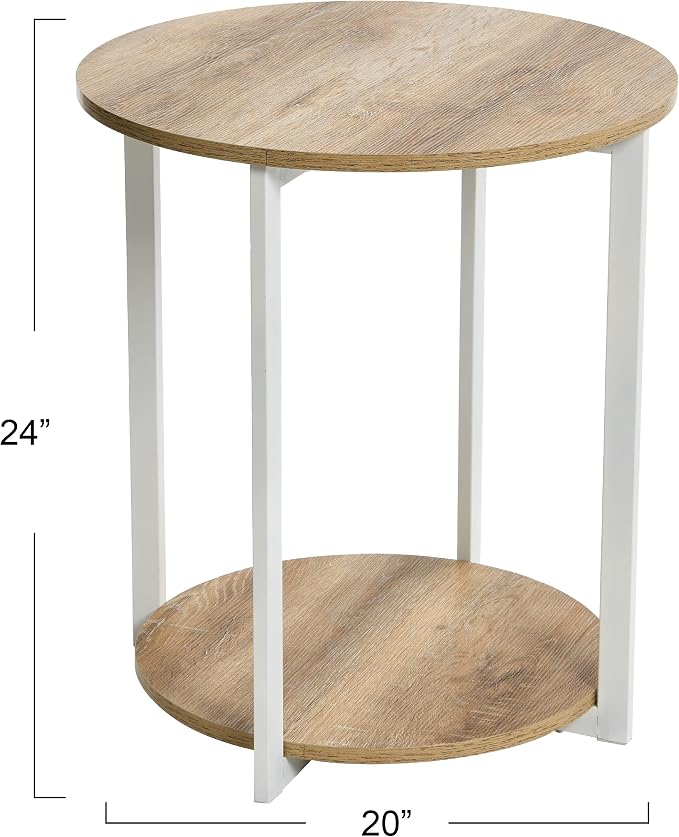 Household Essentials Jamestown Round Side End Table with Storage Shelf Coastal Oak Rustic Wood Grain and White Metal