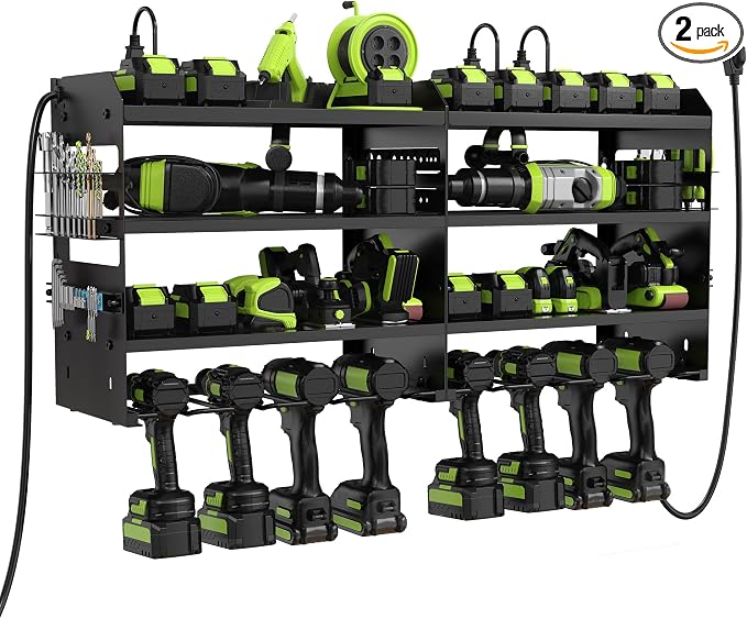HUPBIPY Modular Power Tool Organizer Wall Mount Drill Holder Garage Shelf | 4 Layer Heavy Duty Rack with Charging Station Drill Holders and Magnetic Tool Holder Strip Tool Battery Holder Gift for Men