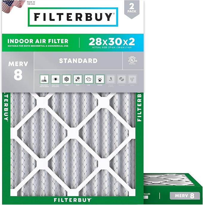 Filterbuy 28x30x2 Air Filter MERV 8 Essential Dust & Allergy Defense (2-Pack), Electrostatic Pleated HVAC AC Furnace Filters Replacement, Made in USA (Actual Size: 27.75 x 29.75 x 1.75)
