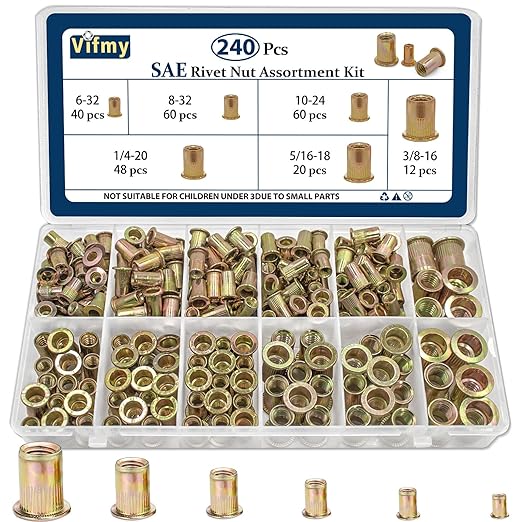 SAE Rivet Nut Assortment Kit(240Pcs), #6-32#8-32#10-24 1/4"-20 5/16"-18 3/8"-16 UNC Rivnut Threaded Insert Nut Set, Zinc Plated Finish Carbon Steel Nutsert