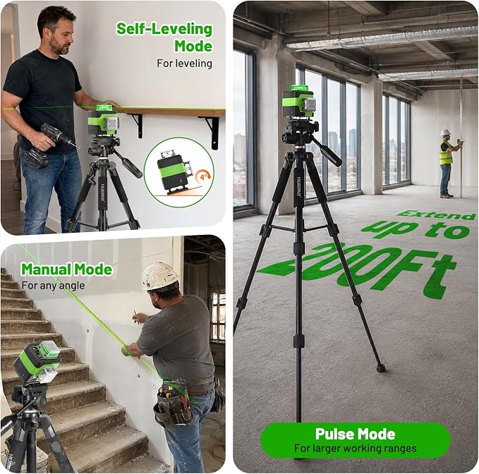 HUEPAR Laser Level 360 Self Leveling with LCD Screen, 4 x 360° High Brightness Rechargeable 4D Lazer Leveler Tool for Construction and Picture Hanging, Strong Magnetic Bracket&Hard Carry Case -Y04CG