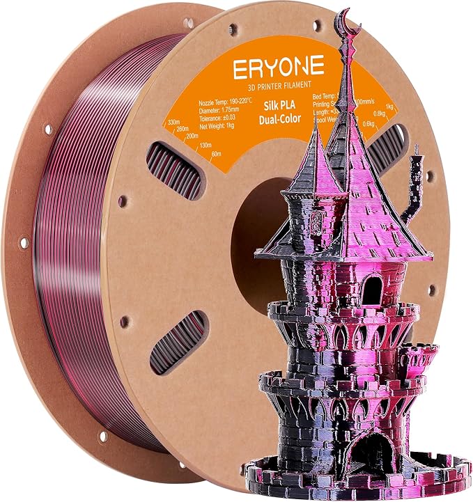 ERYONE Silk Dual Color PLA Filament 3D Printer 1.75mm +/- 0.03mm, Bicolor Filament Two Tone PLA 1KG(2.2lbs) Cardboard Spool, Black&Rose Red
