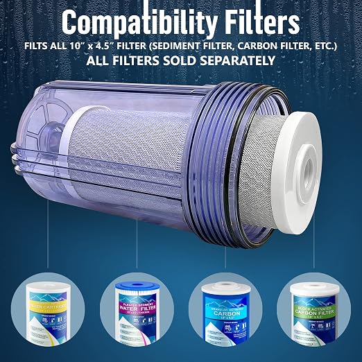 High Capacity 10 x 4.5” Whole House Filter Purifier System for Well or City Water, Presser Relief Button, 1” NPT Brass Port, Double O-Ring, Meets NSF Standards & Regulations (Transparent, 4 Sets)