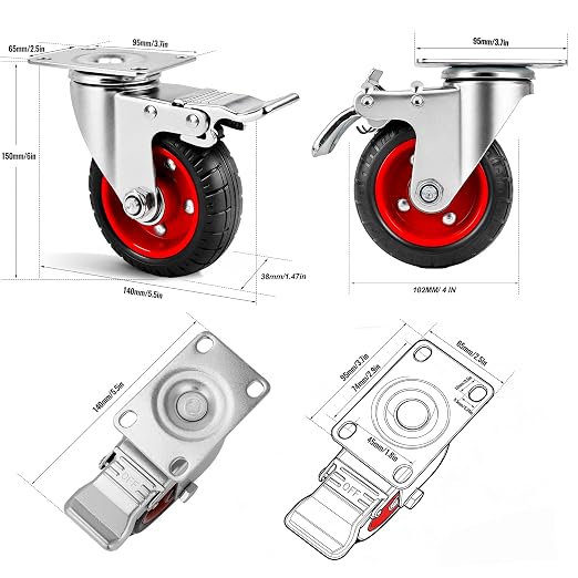 4 Inch Caster Wheels Heavy Duty with Dual-Lock Safety Brake and Rubber Tire Wheels, Heavy Duty - 300 Lbs Per Caster for Workbench, Trolley, Cabinet, Swivel Rubber Wheel 4-Packs with mounting Hardware