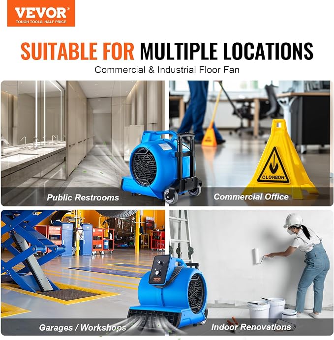 VEVOR Air Mover, 1 HP 4000 CFM Carpet Dryer for Cooling and Ventilating, Portable Floor Blower Fan with 3 Blowing Angles and Time Function, for Janitorial, Home, Commercial Use
