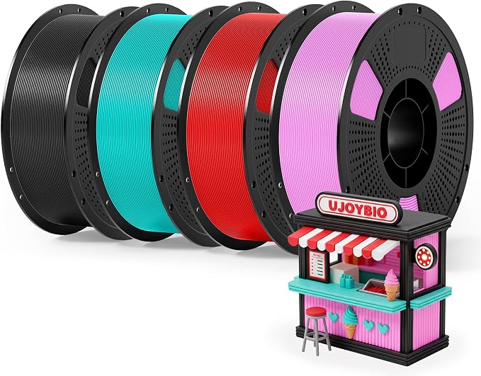PETG Filament Bundle Multicolor 4kg, Low Stringing High Toughness 3D Printer Filament 1.75mm, Clog-Free Rapid Printing PETG Fit Most FDM 3D Printers, 1KG*4 Pack, Black+Red+Light Blue+Pink