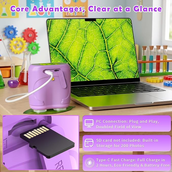 2-in-1 Kids Microscope and Telescope, 1000X Handheld Digital Microscope for Kids, 2.0" Screen, 8 LEDs, 10X Pocket Telescope for Outdoor, 1080P Camera STEM Toys Gift for Boys Girls 4-12, Purple