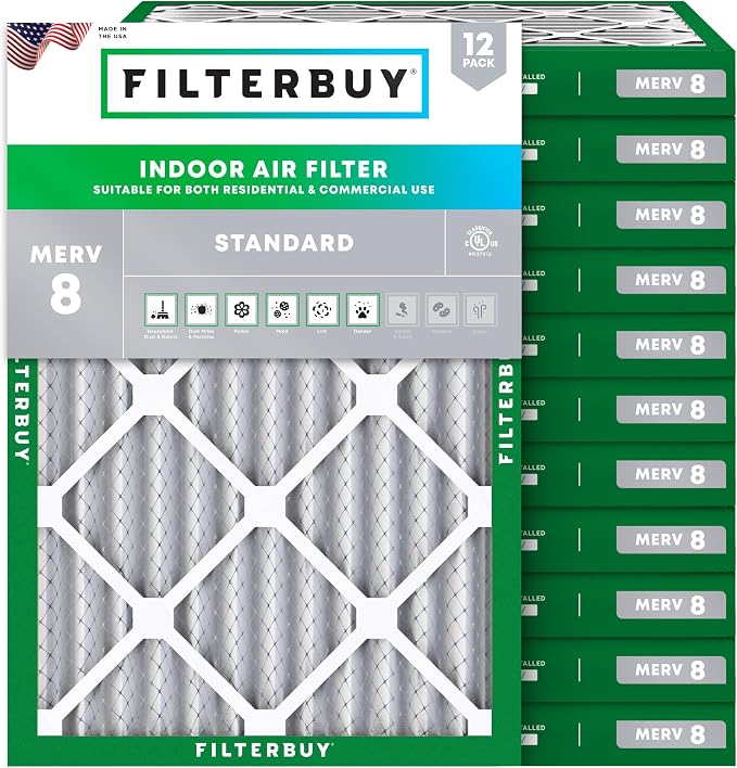 Filterbuy 24x30x2 Air Filter MERV 8 Essential Dust & Allergy Defense (12-Pack), Electrostatic Pleated HVAC AC Furnace Filters Replacement, Made in USA (Actual Size: 23.50 x 29.50 x 1.75)