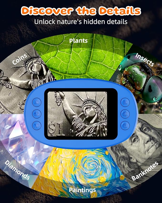 1000X Coin Microscope with Lights 2.0" IPS Screen, Digital Handheld Coin Magnifier with 8 Adjustable LED Light, Portable Rechargeable Pocket Microscope Compatible with Windows/Mac, Blue