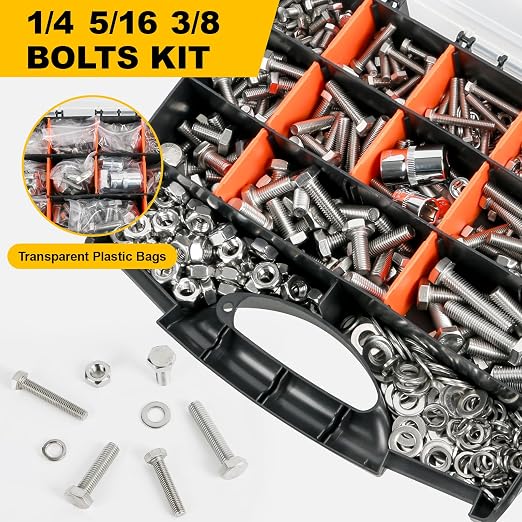 788PCS 18-8(304) Stailess Steel Hex Bolt Assortment Kit, Heavy Duty Bolts and Nuts Kit, 1/4-20 5/16-18 3/8-16 SAE Hex Cap Screws Nuts Washers, Comes with 3 Bits Plated