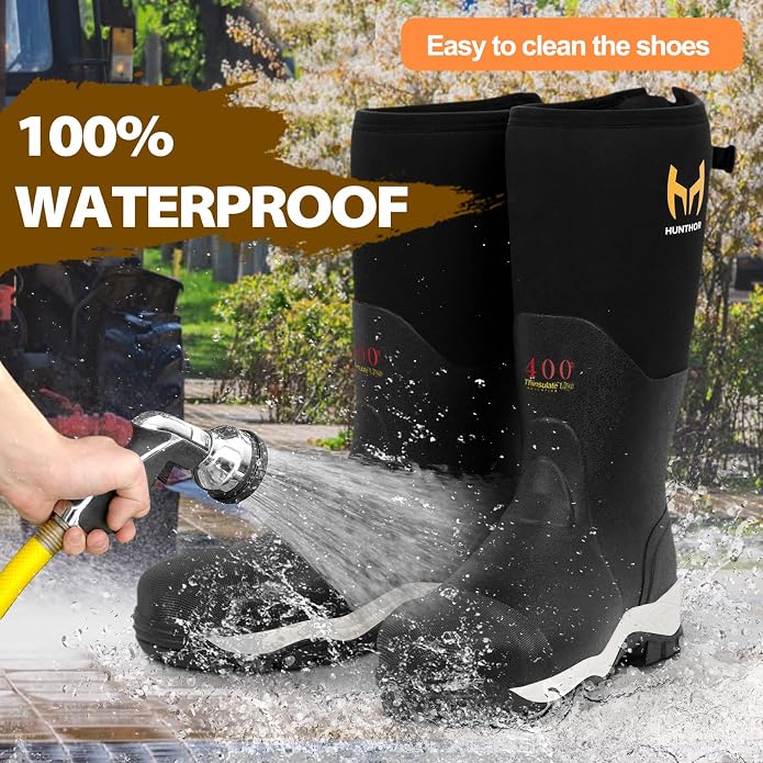 Rubber Work Boots for Men with Steel Toe, 400g Insulated, 1100N Puncture-Proof Hunting Boots with 7mm Neoprene Waterproof and EVA Midsole, Back Gusset, Ideal for Work,Farming Fishing Size 7-14