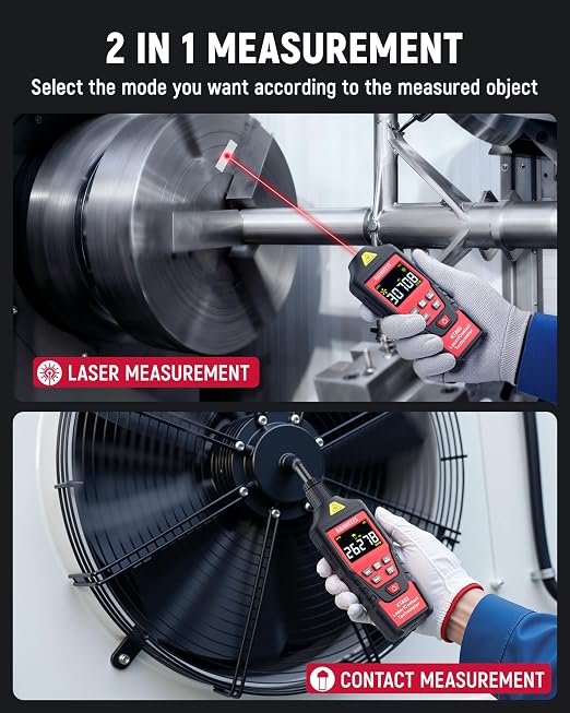 KAIWEETS 2-in-1 Laser & Contact Tachometer with Rechargeable Battery, Photo Sensor 10-99999RPM and Contact 1-19999RPM High Accuracy RPM Meter with Backlight Hold/MAX/MIN/AVG, HI/Low Alarm Function