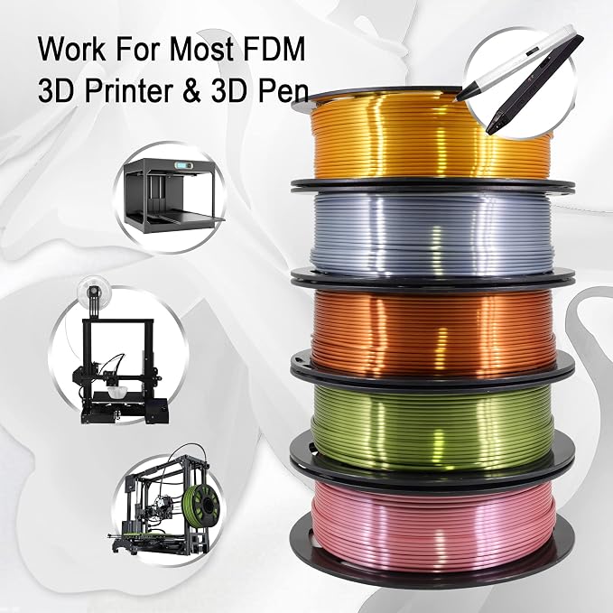 1.75mm Silk PLA Filament 5 in 1 Bundle Pack, 5 Silk Metallic Shiny Colors: Gold/Silver/Copper/Bronze/Rose Gold, Each Spool 250g, 5 Spools, Total 1.25Kg 3D Printing Material, 250g x 5 Spools