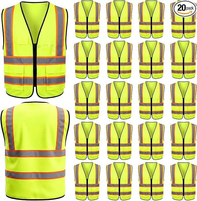 EBOOT 20 Pcs Vests High Visibility Reflective Vest Safety Neon Bright Work Construction Vest with Pockets Reflective Strips (Fluorescent Green)