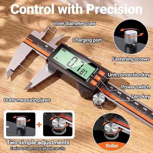 Preciva Digital Caliper 8", Rechargeable Stainless Steel Micrometer | Type-C charging, durable steel body, large LCD with auto-off saves power, in/mm/frac, for 3D-printing machining woodworking