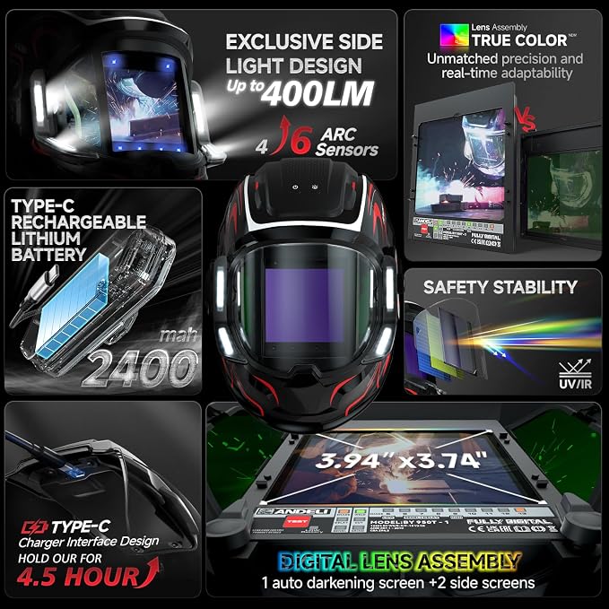 ANDELI Welding Helmet with 4 LED Light, 180° Panoramic 6 Arc Sensor True Color Auto Darkening Welding Hood with Internal Display, 2400mAh Rechargeable Battery for TIG/MIG/Cut/Grind MONERRC LED PRO