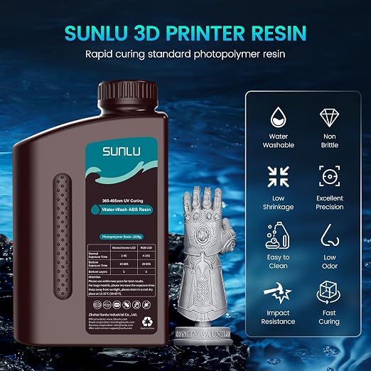 SUNLU 3000g Water-Wash ABS Resin, Combines Features of ABSLIKE Resin & Water Washable Resin, Non Brittle, High Precision, Low Shrinkage, Fast Curing 3D Resin for LCD DLP SLA 3D Printers, 3KG White