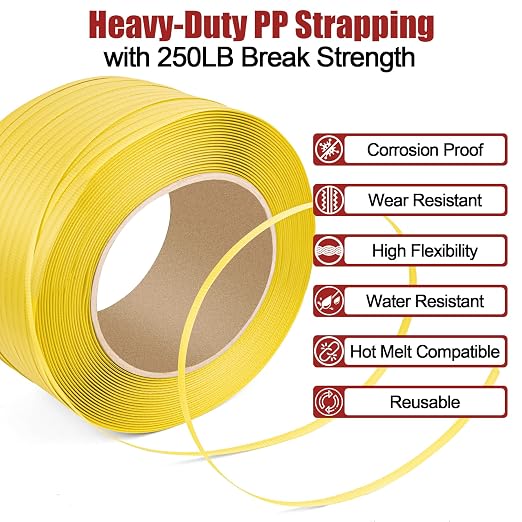 MYFAMIREA Heavy Duty Packaging Strapping, 1/2" x 3500FT Polypropylene Plastic Packaging Strapping, 300 Metal Seals, for Pallets, Logistics, Warehouse, Box Packaging and Shipping, Yellow