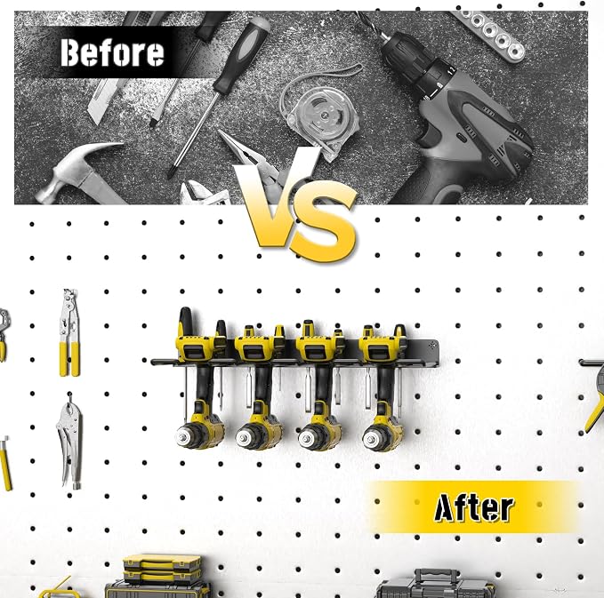 Drill Holder Wall Mount,Power Tool Organizer, 4 Cordless Drill Racks with Screwdriver Hole, Heavy Duty Garage Tool Storage Rack for Workshop Tool Room Basement