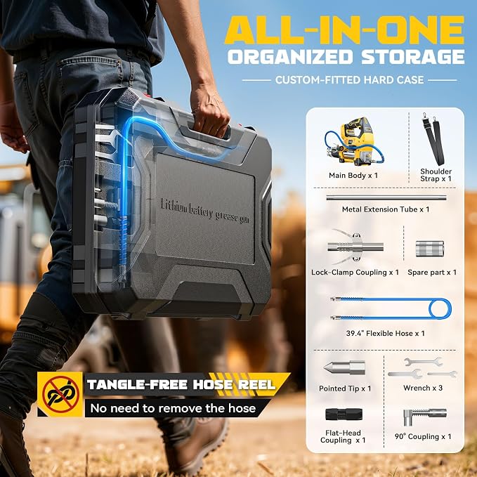 DIYtoolifz Cordless Grease Gun Compatible with DeWalt 20V Battery, 12000PSI High Pressure, 3-Speed&Brushless Motor, 9oz/min Max Flow, 2-in-1 for Cartridge/Bulk Grease, 39.4”Hose&4 Couplers(Tool Only)
