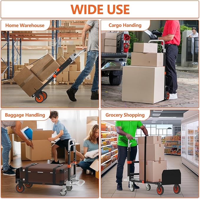 3 in 1 Heavy Duty Folding Hand Truck, Convertible Portable Steel Dolly with Telescopic Handle, Foldable Utility Cart with Rubber Wheels, 500 LBS