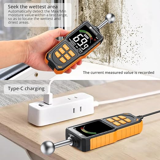 Neoteck Professional Measurement Kit: Digital Angle Finder Ruler 8 inch & Spherical Inductive Pinless Moisture Meter with LCD Display, Data Hold, Zero Reset, 3-Color Indicator, USB Rechargeable