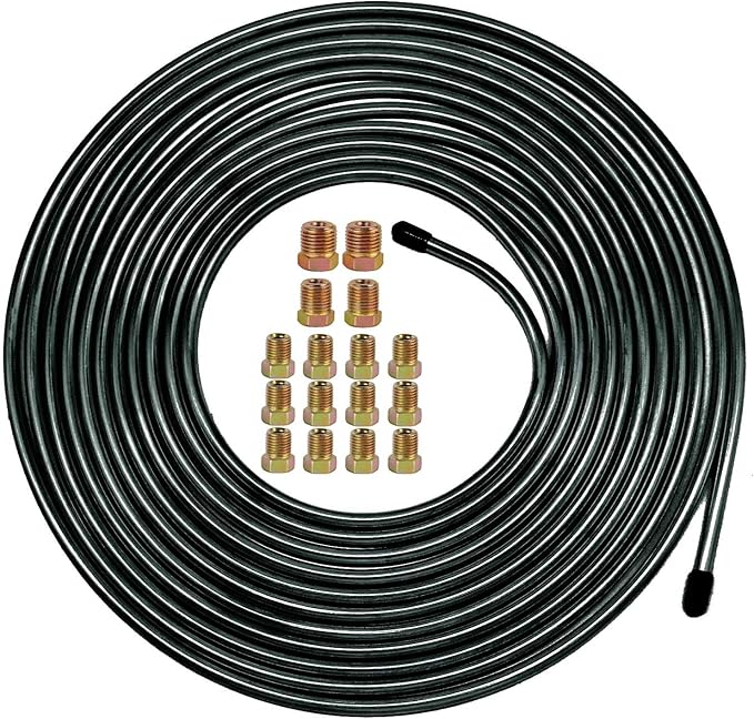 MuHize Brake Line Tubing Kit 1/4 inch 25 Ft. with 16 Fittings - Rust-Proof PVF Coated Steel Roll - Flexible Fuel & Transmission Line for Cars, Trucks, SUV - Fits Ford, Chevy, Dodge, Honda
