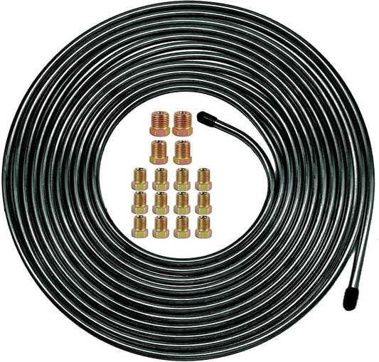 MuHize Brake Line Tubing Kit 1/4 inch 25 Ft. with 16 Fittings - Rust-Proof PVF Coated Steel Roll - Flexible Fuel & Transmission Line for Cars, Trucks, SUV - Fits Ford, Chevy, Dodge, Honda