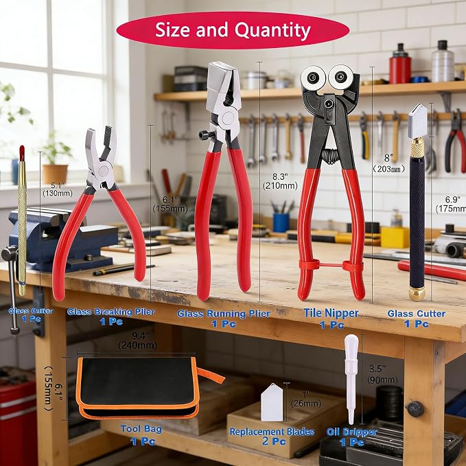Glass Cutting Tool Set Kit, Wheeled Glass Tile Nippers,Glass Running Pliers,Breaking Pliers, Oil Feed Glass Cutter Set with Leather Zipper Bag for Stained Glass, Tiles, Mosaic, Mirrors,Bottle, Fusing