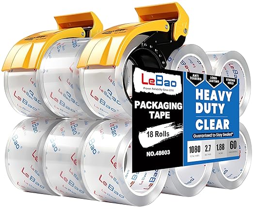 Heavy Duty Packing Tape with Dispenser, Strong HD Clear Packaging Tape, 18 Rolls 1.88 in. x 60 yd. x 2.7MiL, Secure Sealing for Cardboard Moving Boxes Shipping Supplies