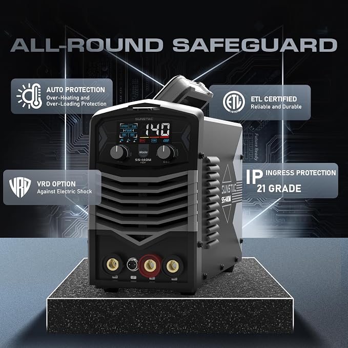 Sunstac MIG Welder, 140A 110V Flux Core/Stick/Lift TIG 3 in 1 MIG Welding Machine, Gasless MIG with IGBT Inverter Synergic Control, Digital Screen Display, Over Loading Protection Beginner Friendly