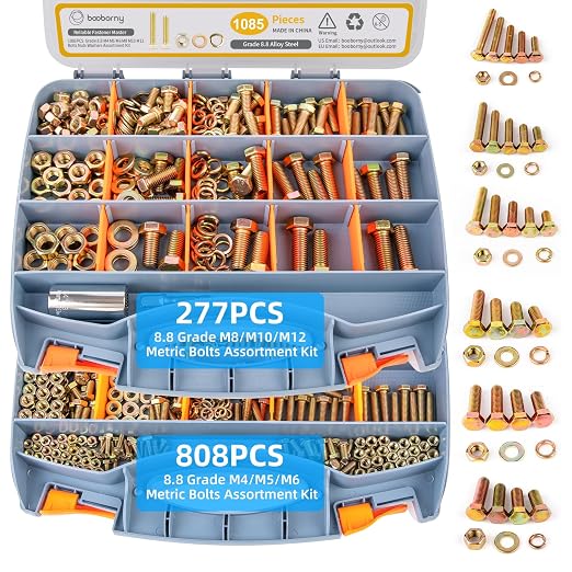 1085pcs Metric Bolt Assortment Kit -8.8 Grade, M4 M5 M6 M8 M10 M12 Heavy Duty Hex Bolts, Nuts Kit with Universal Socket, Yellow Zinc Plating, Durable Storage Case for DIY, Automotive, Length:12-40mm