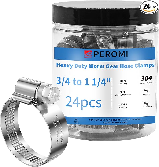 24 Pack Stainless Steel Hose Clamp Adjustable 3/4'' - 1-1/4'' (20-32mm) Worm Gear Hose Clamp, Solid Band No Holes, Heavy Duty for Automotive Fuel Line, Plumbing and Industrial Application